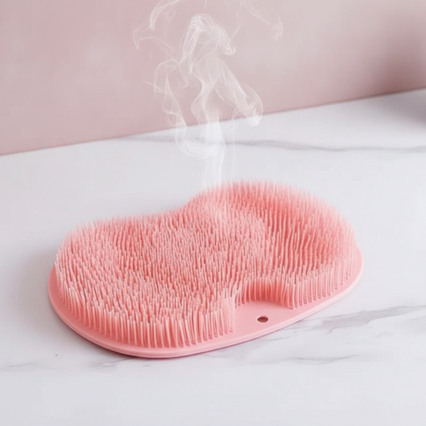A clean, blush pink silicone multiuse scrubber rests on a pale mauve bathroom counter, with a faint mist dissipating above it