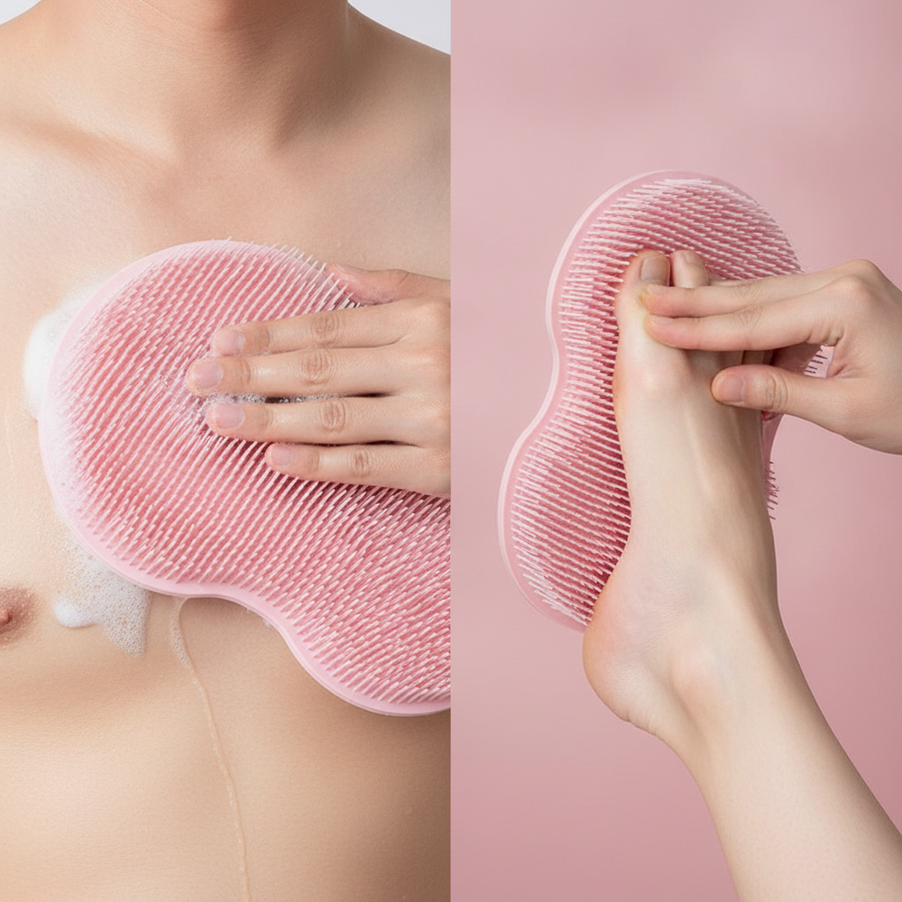 Close-up of a person using the Silicone Multiuse Scrubber, showing the long bristles on their chest and the short bristles on