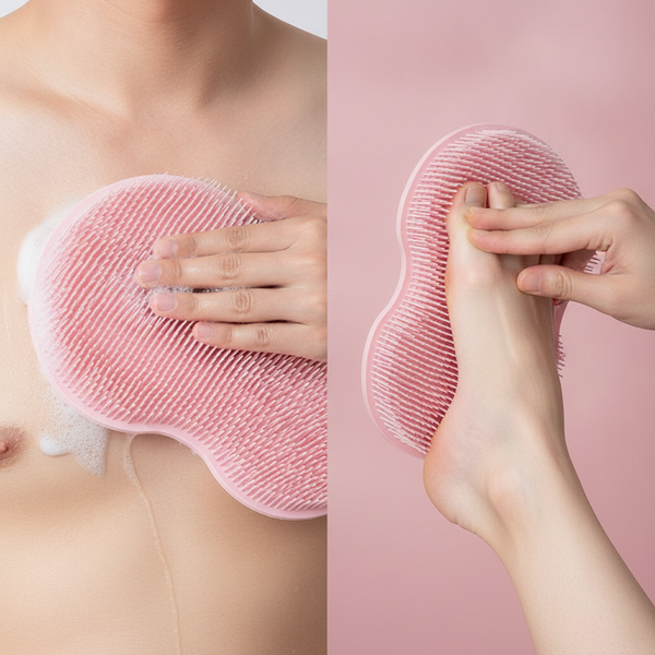 Close-up of a person using the Silicone Multiuse Scrubber, showing the long bristles on their chest and the short bristles on