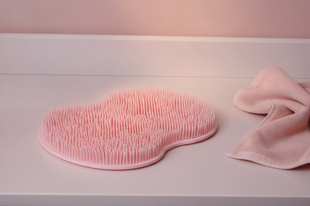 Silicone multiuse scrubber on a pale mauve bathroom counter next to a blush pink hand towel.