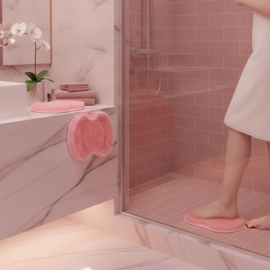 Multiple silicone multiuse scrubbers for bath and foot on a pale pink marble counter next to a white orchid in an elegant bat