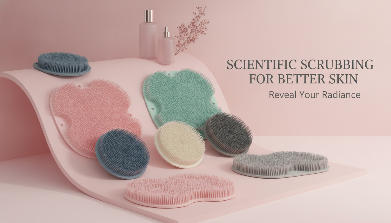 Multiple silicone multiuse scrubbers for bath and foot are arranged on a curved surface, with a soft pink and mauve backgroun