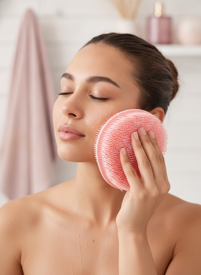 A woman with light brown skin gently cleanses her face with a pink silicone scrubber in a bright bathroom.