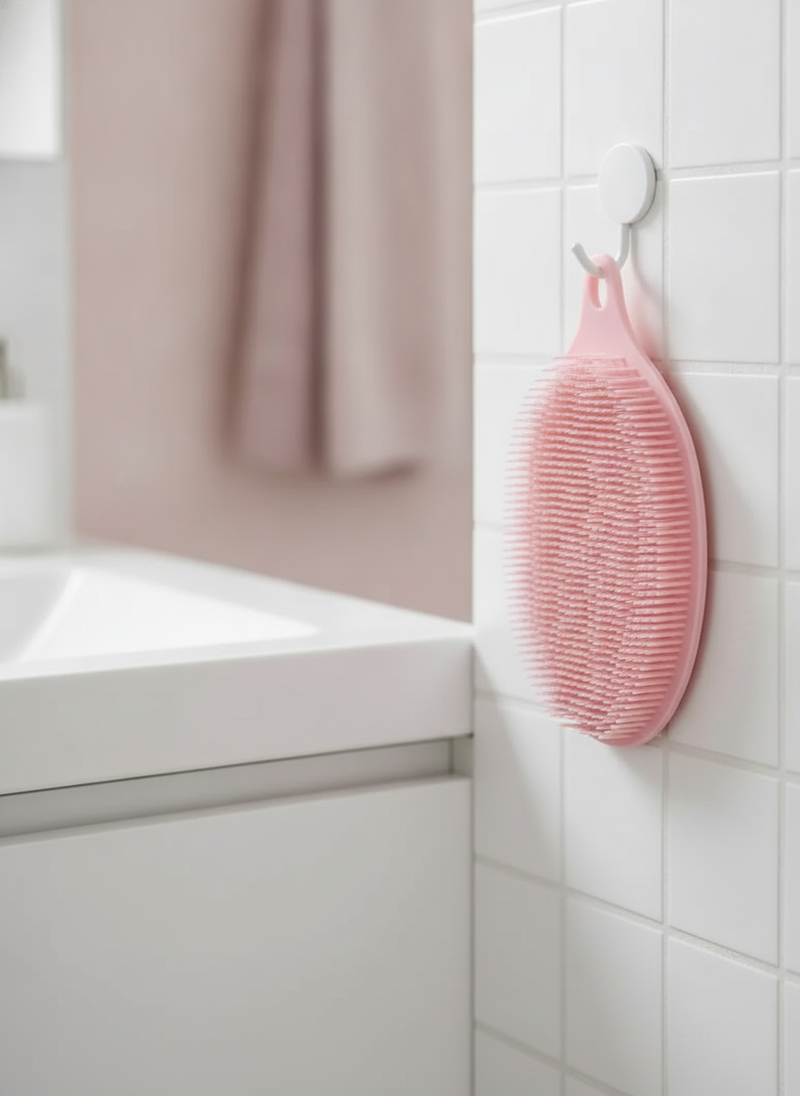 Silicone multiuse scrubber hanging dry and clean on a hook next to a bathroom vanity, bathed in natural daylight.