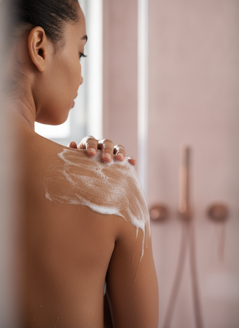 A person with medium-brown skin uses a silicone multiuse scrubber to lather body wash across their shoulders in a naturally l